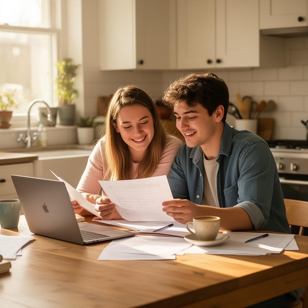 Young couple planning at a kitchen table