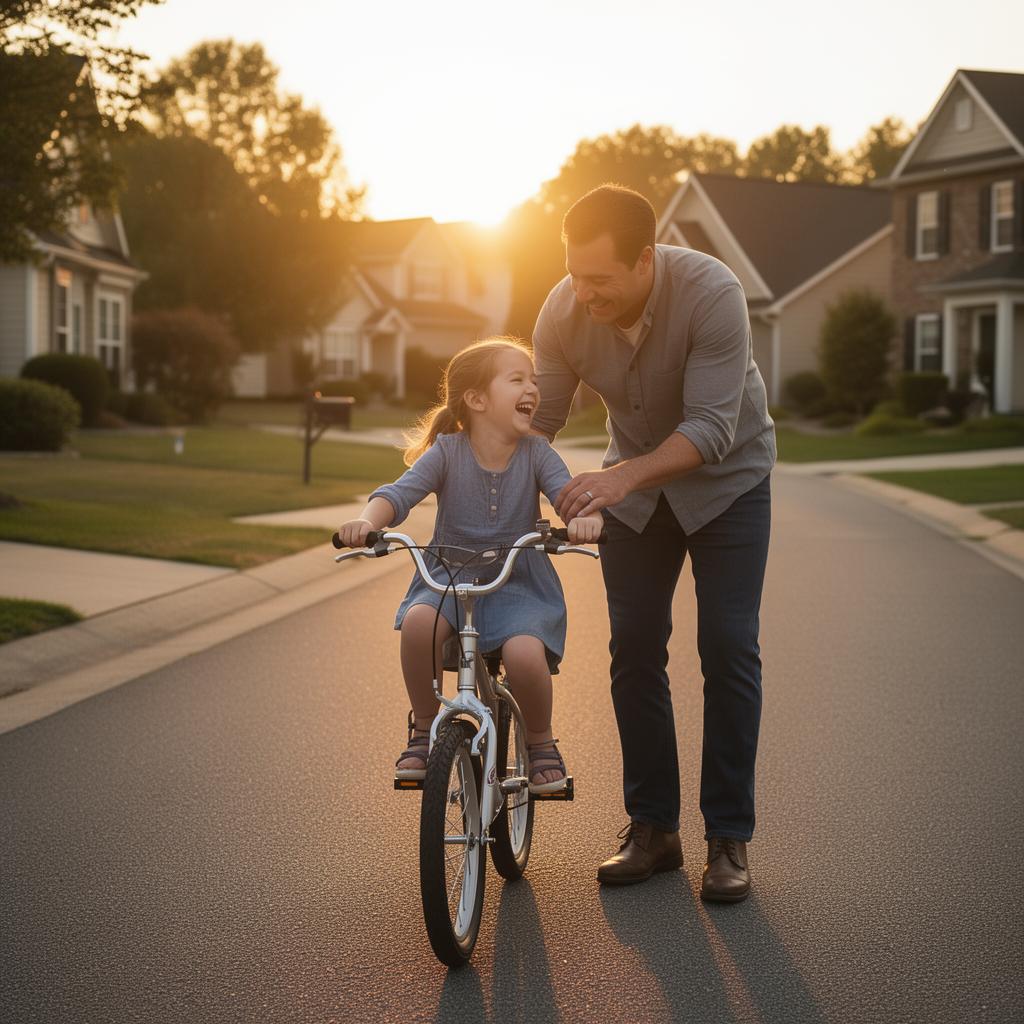 Father teaching daughter to ride a bicycle