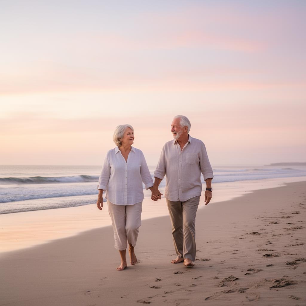 Senior couple walking on the beach at sunrise